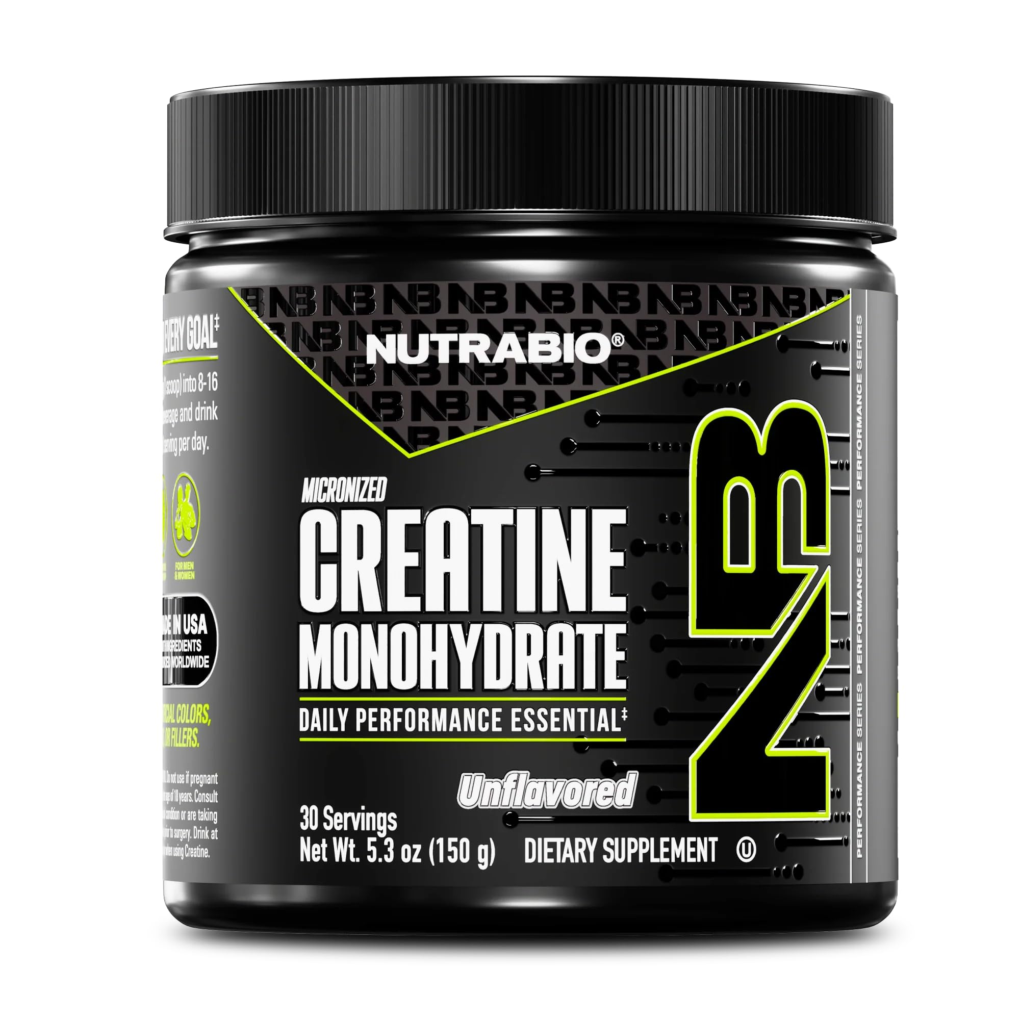 NutraBio envase frontal mostrando creatina pura y sin sabor