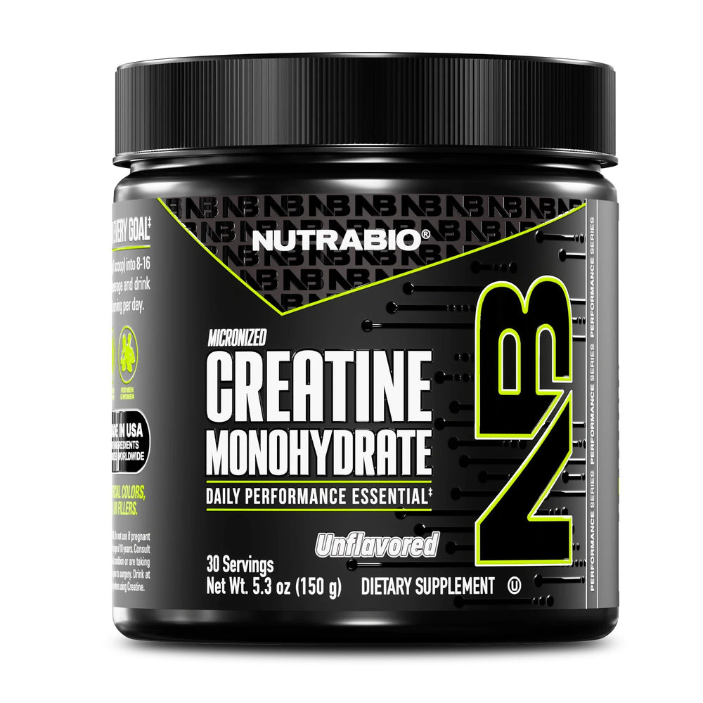 NutraBio envase frontal mostrando creatina pura y sin sabor