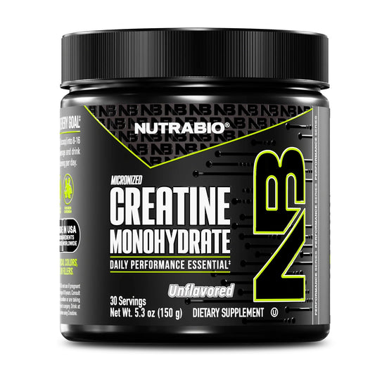 NutraBio envase frontal mostrando creatina pura y sin sabor