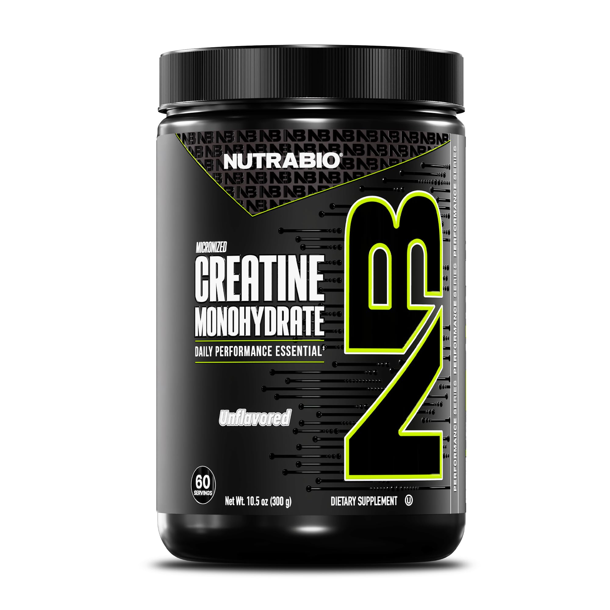 NutraBio envase frontal de creatina mostrando diseño y tamaño beneficioso