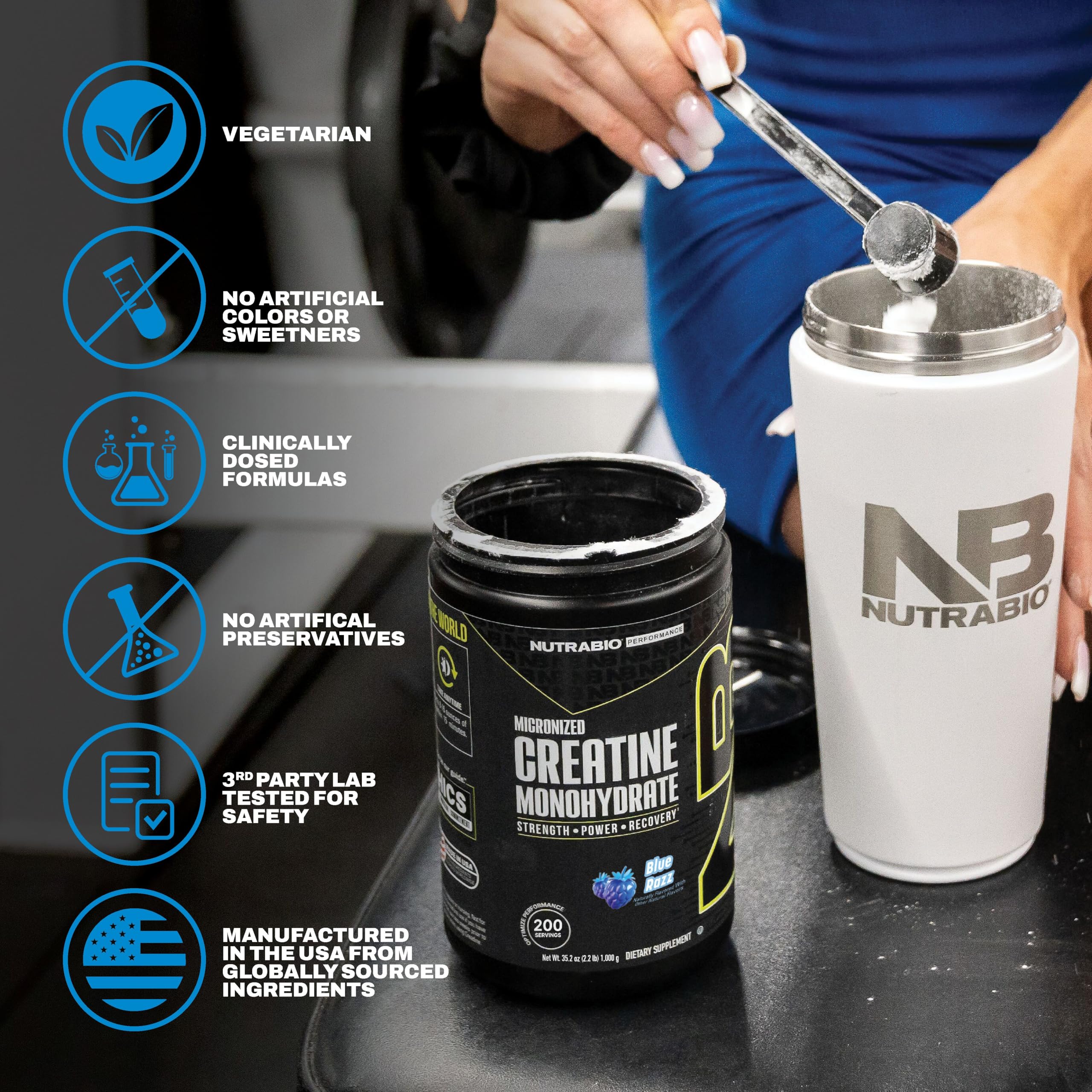 NutraBio creatina en uso durante sesión de gimnasio para potencia