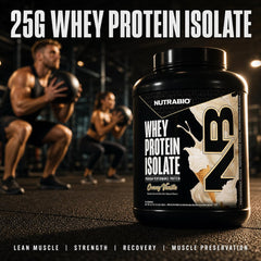NutraBio cuchara medidora con polvo aportando 25 g proteína