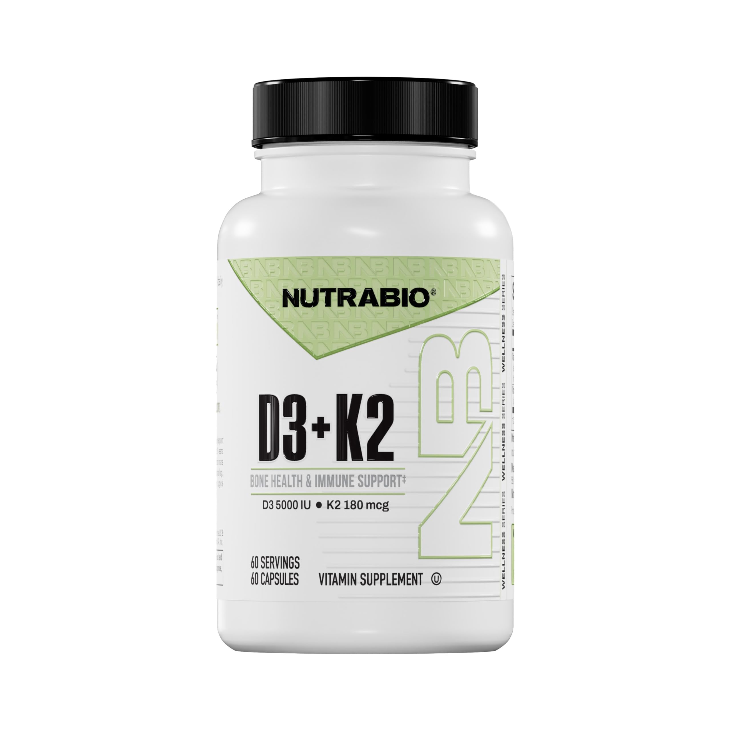 NutraBio envase frontal que muestra la fórmula D3 K2 y beneficios