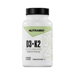 NutraBio envase frontal que muestra la fórmula D3 K2 y beneficios
