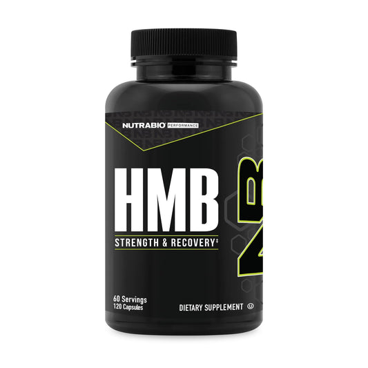 NutraBio frasco frontal de HMB mostrando etiqueta clara y beneficio de fuerza