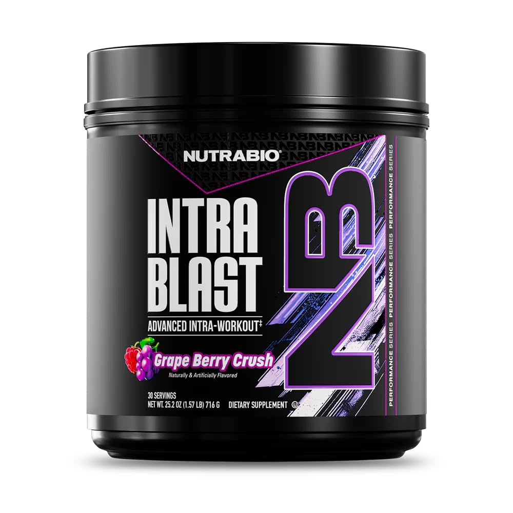 NutraBio Intra Blast frontal mostrando el envase y sabor Grape Berry Crush
