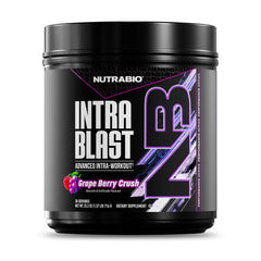 NutraBio Intra Blast frontal mostrando el envase y sabor Grape Berry Crush