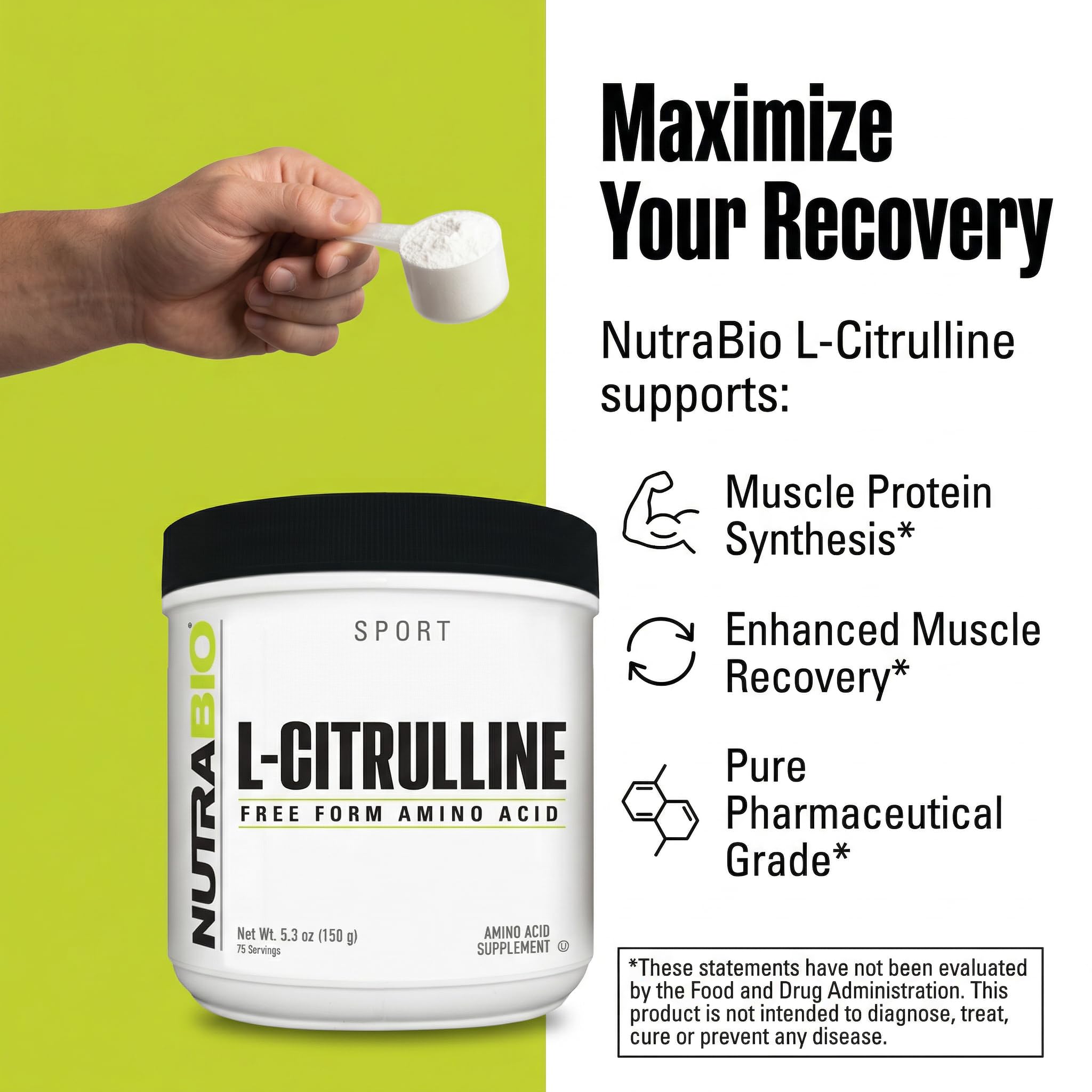NutraBio l-citrulline en mano para apreciar tamaño y presentación