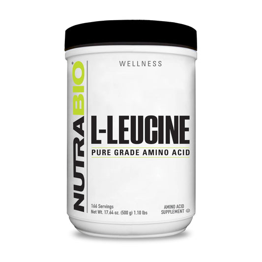 NutraBio envase frontal de L‑Leucine mostrando pureza y practicidad