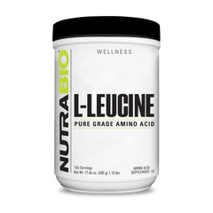 NutraBio envase frontal de L‑Leucine mostrando pureza y practicidad
