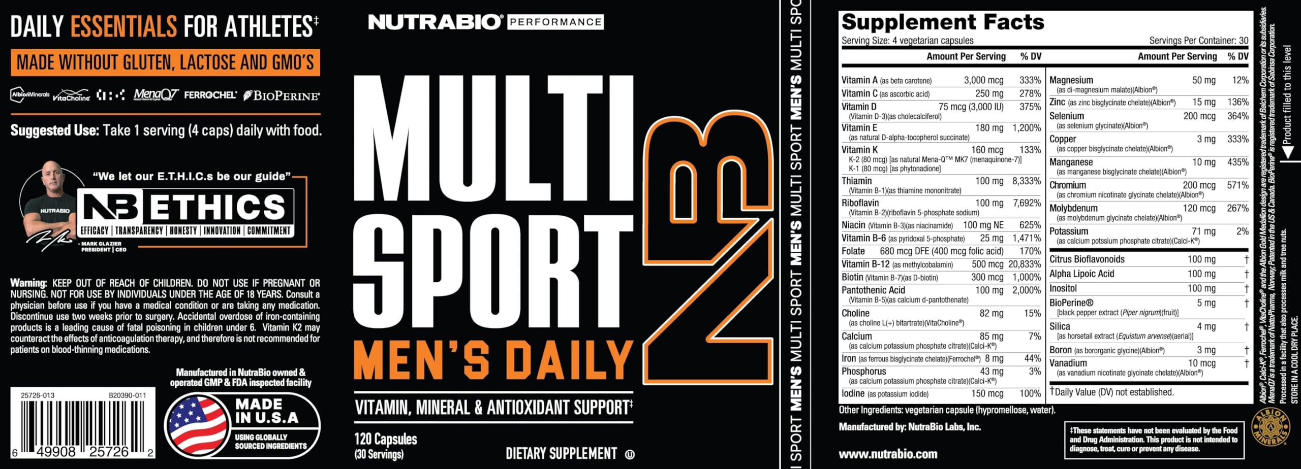 NutraBio MultiSport etiqueta con lista de 33 nutrientes y origen de ingredientes