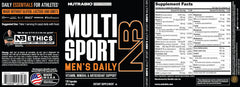 NutraBio MultiSport etiqueta con lista de 33 nutrientes y origen de ingredientes