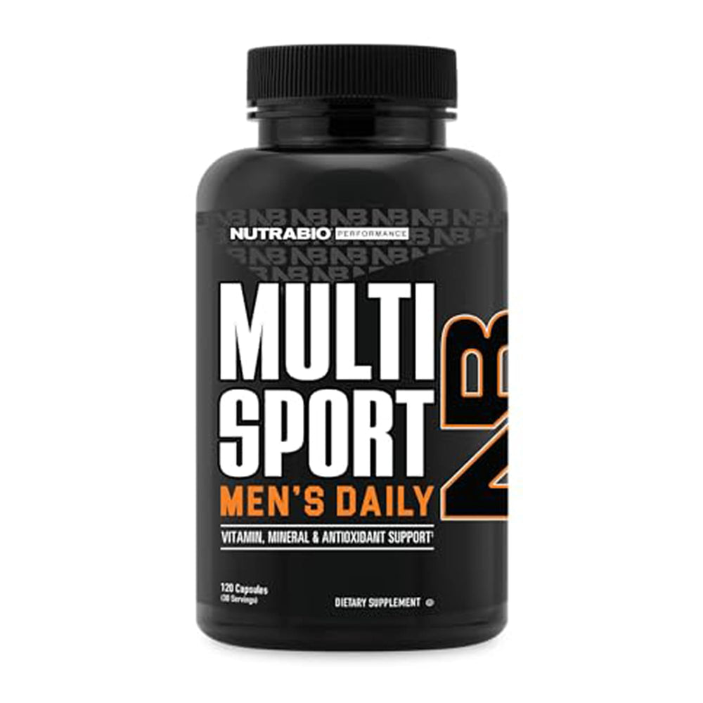 NutraBio MultiSport envase frontal mostrando 120 cápsulas vegetales y transparencia