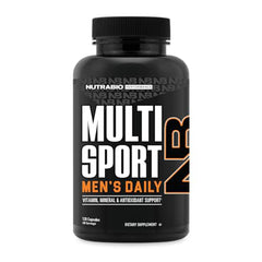 NutraBio MultiSport envase frontal mostrando 120 cápsulas vegetales y transparencia
