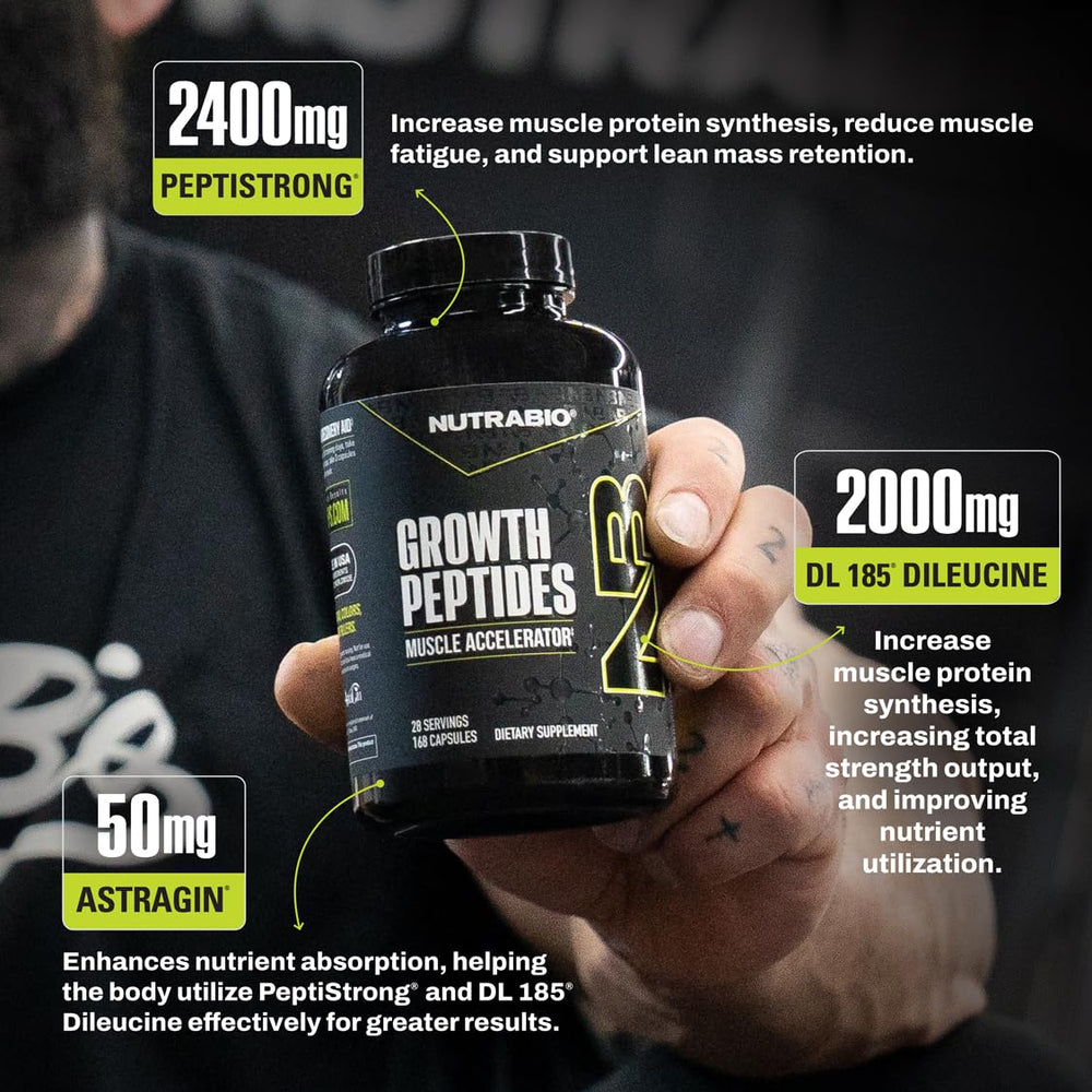NutraBio Growth Peptides botella abierta con cápsulas disponibilidad