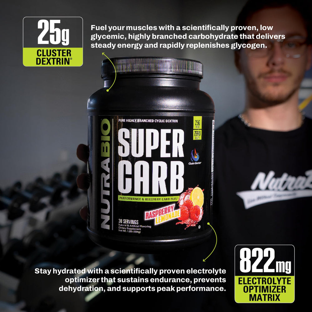 NutraBio Super Carb pre y post entrenamiento, apoyo al rendimiento