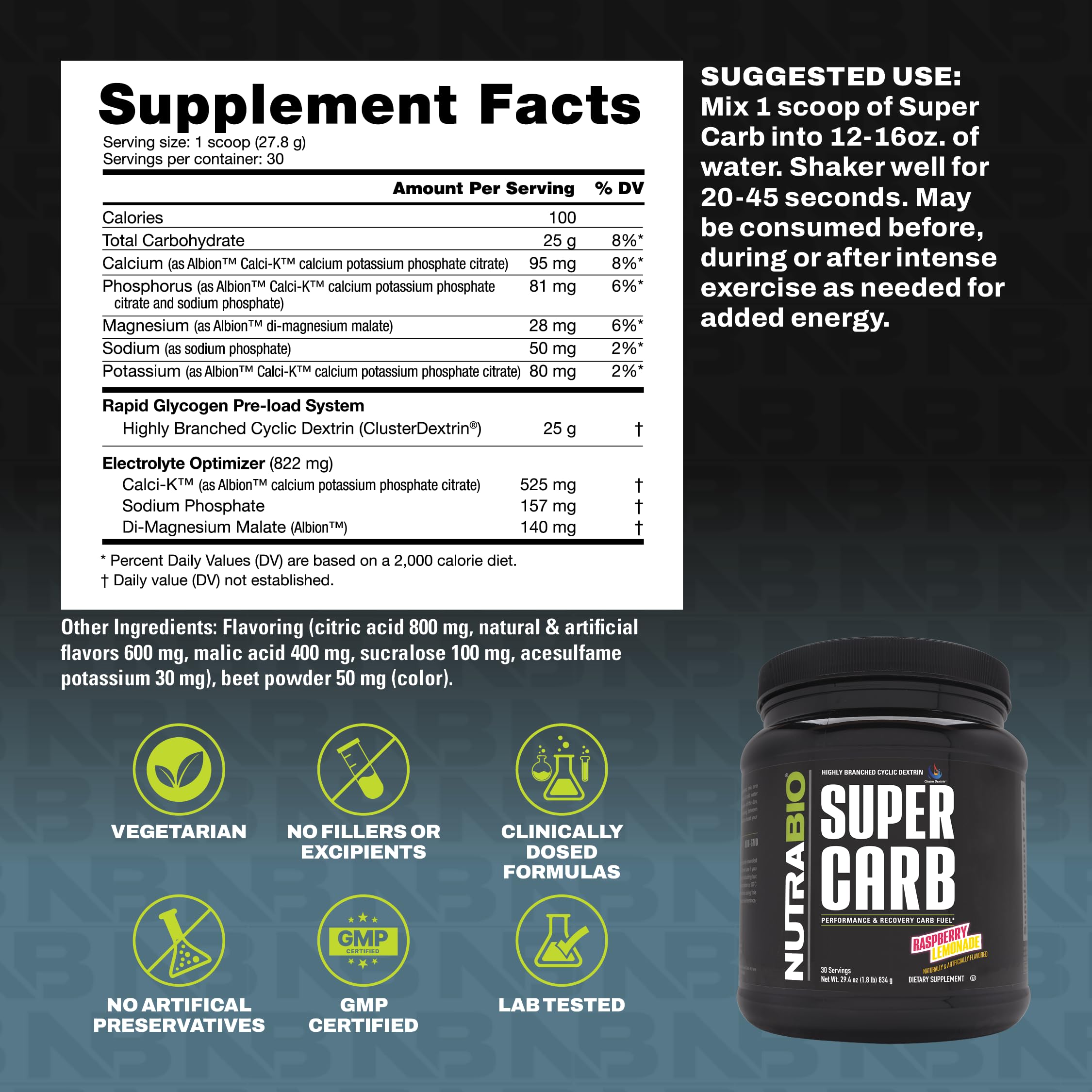 NutraBio Super Carb cucharada medida por servicio, dosificación precisa