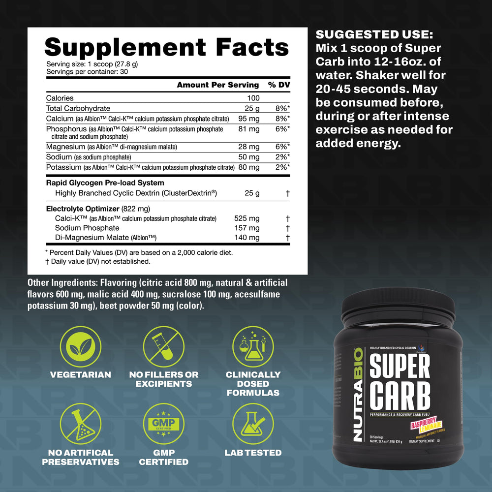 NutraBio Super Carb cucharada medida por servicio, dosificación precisa