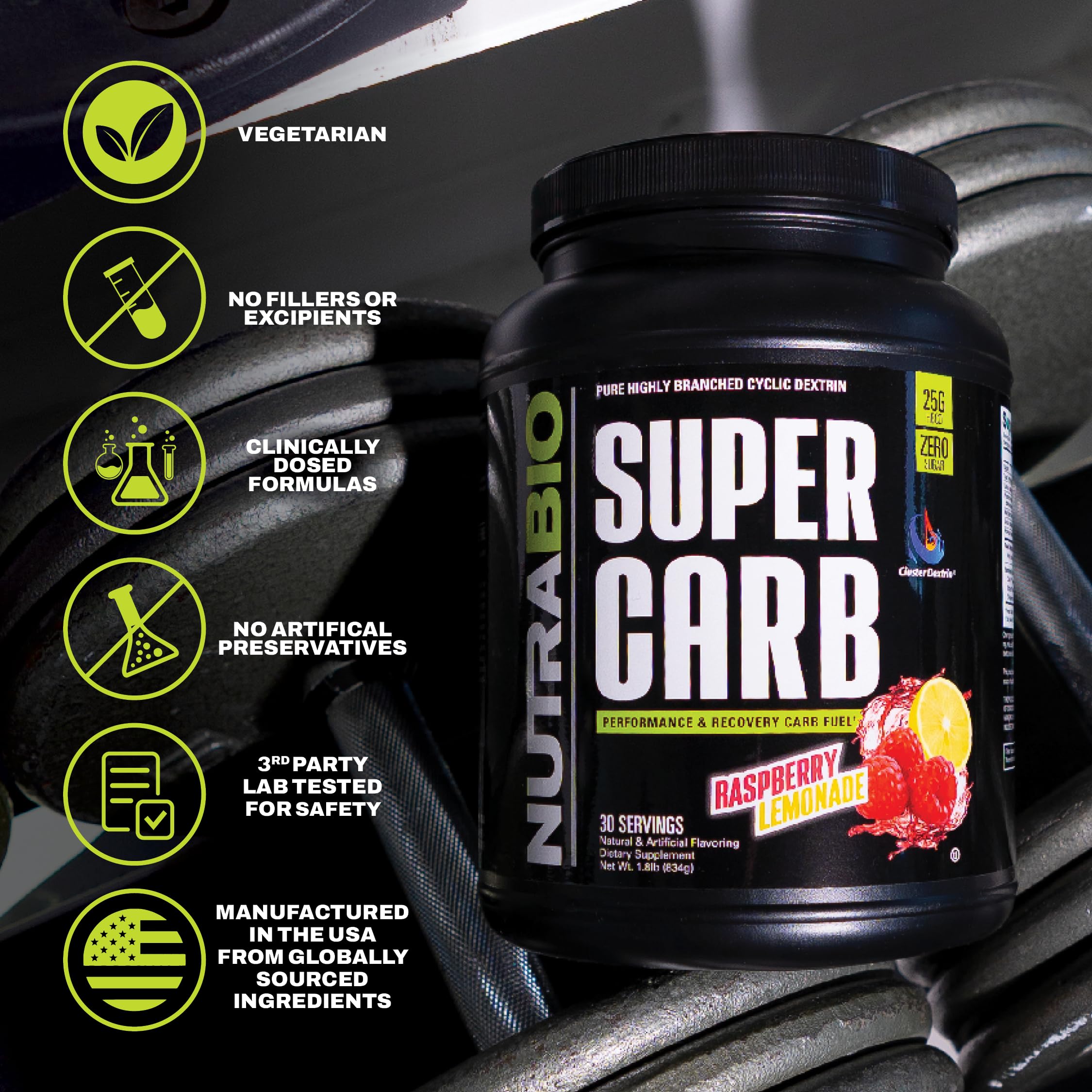 NutraBio Super Carb en vaso preparado, energía sostenida durante ejercicio