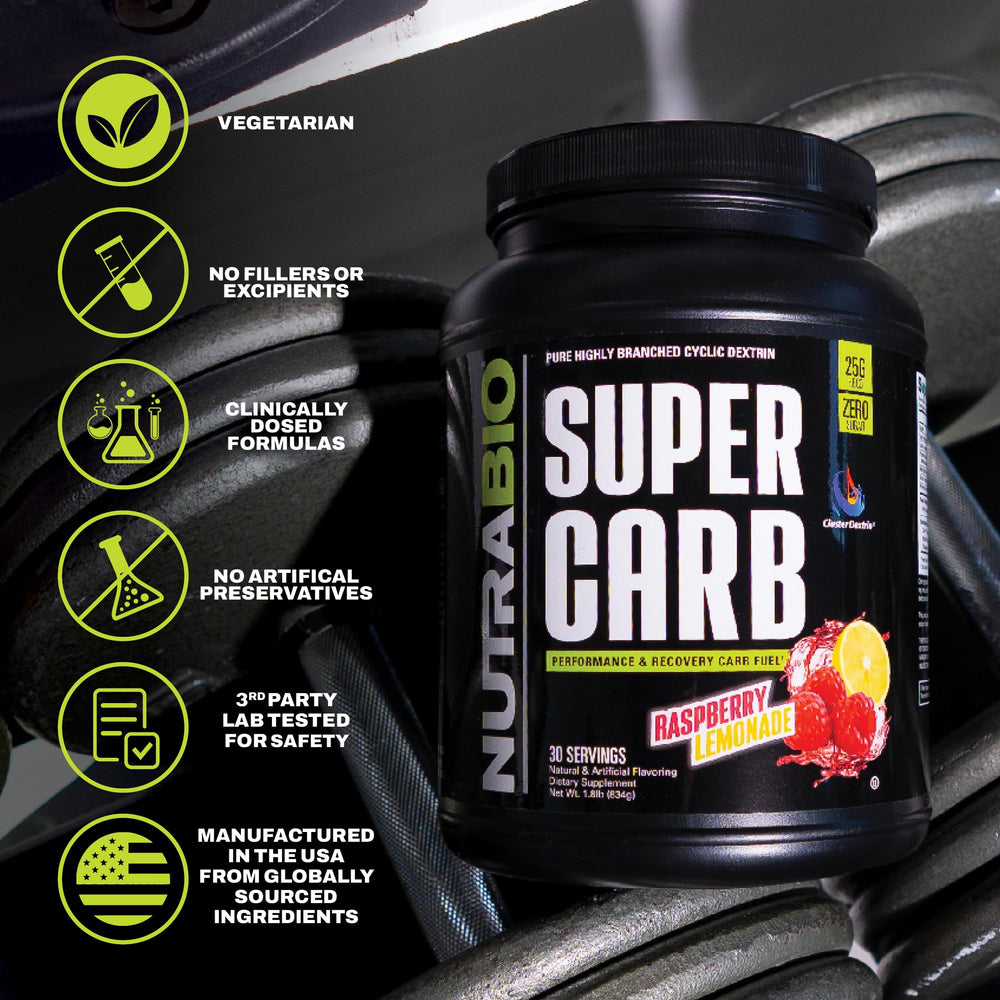 NutraBio Super Carb en vaso preparado, energía sostenida durante ejercicio