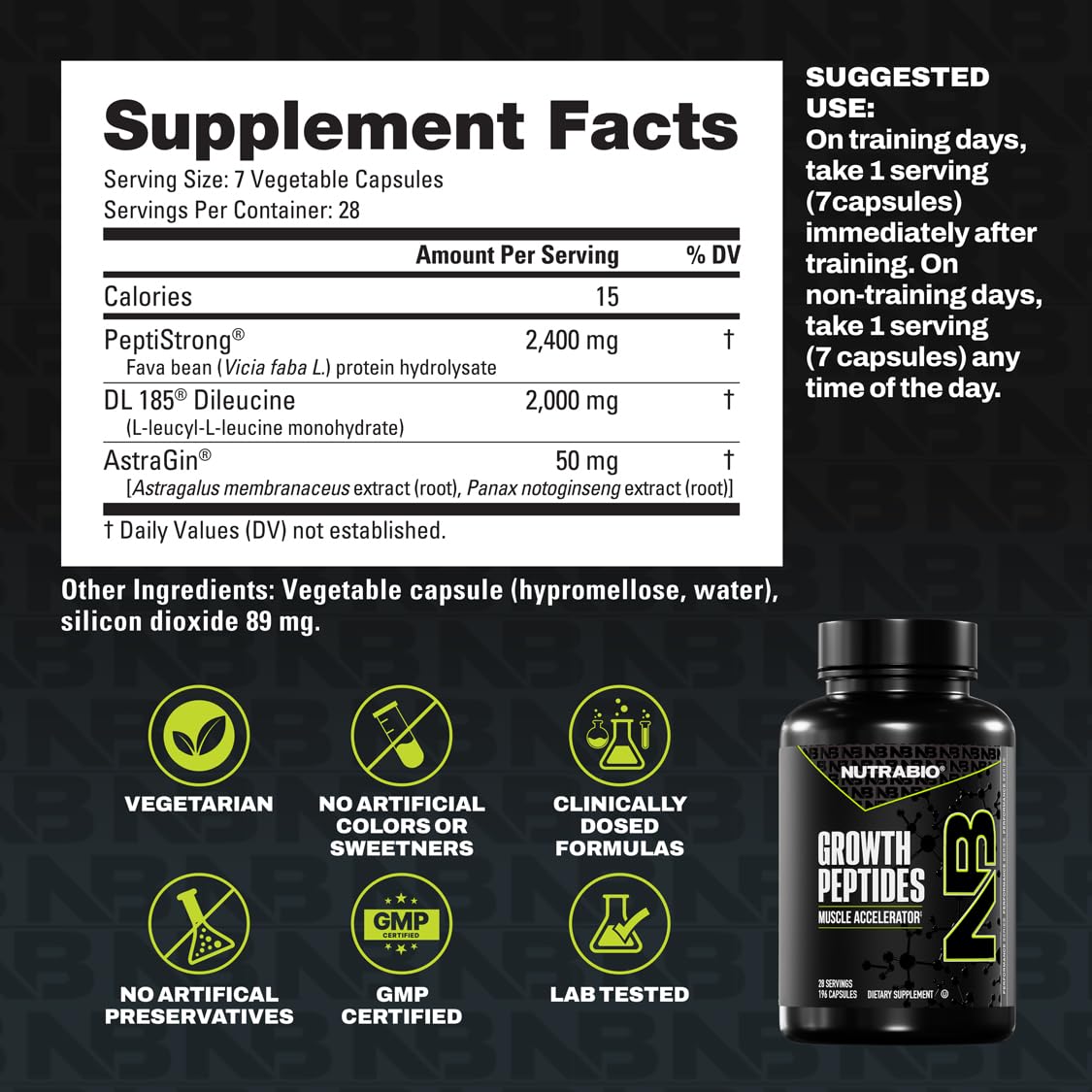 NutraBio Growth Peptides uso en gimnasio junto a pesas rendimiento