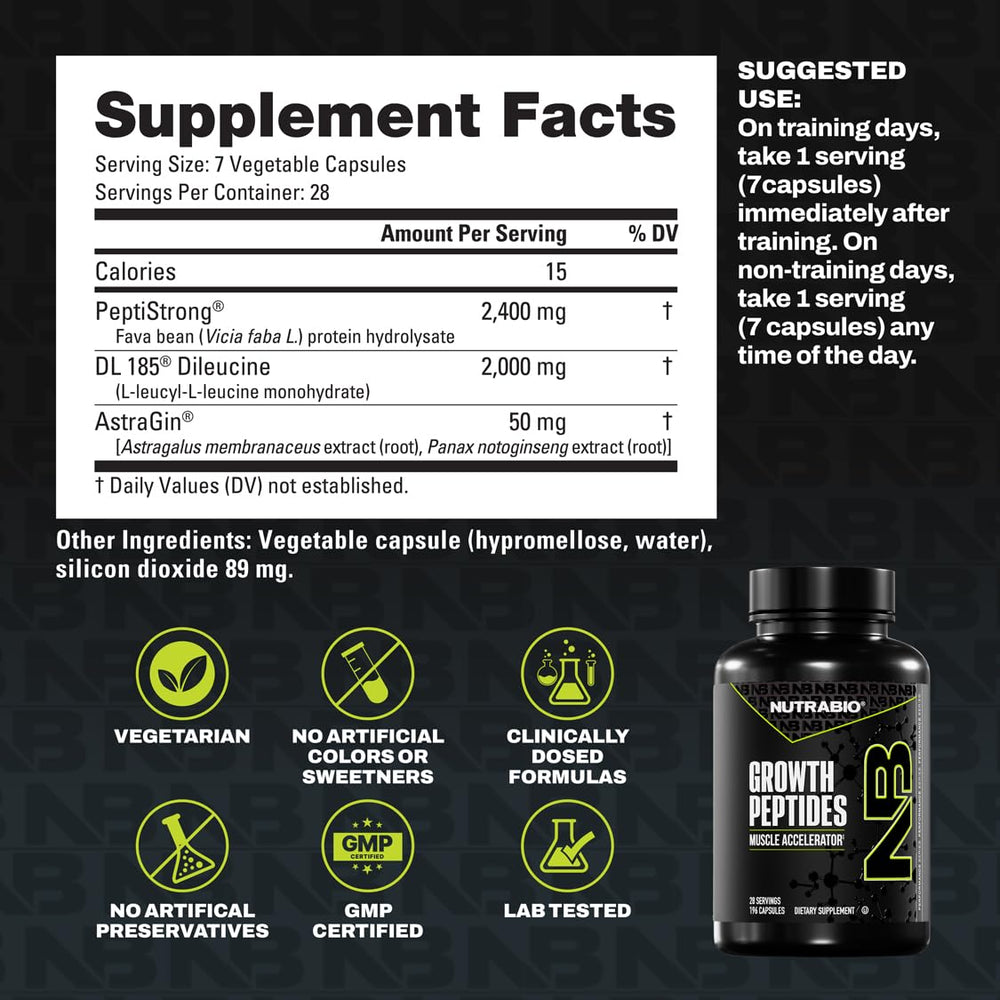 NutraBio Growth Peptides uso en gimnasio junto a pesas rendimiento
