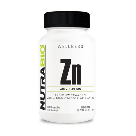 NutraBio frasco frontal mostrando cápsulas y etiqueta clara, fácil identificación