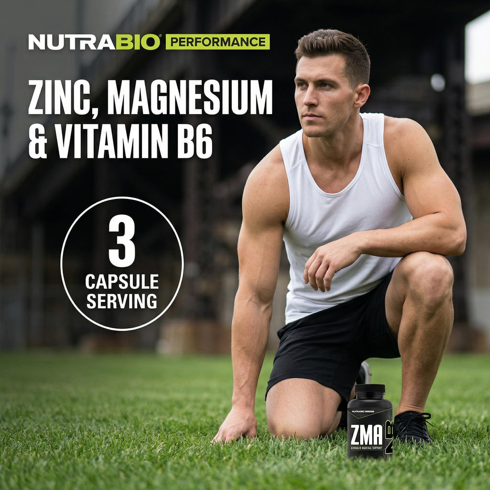 etiqueta nutricional de NutraBio ZMA destacando zinc, magnesio y vitamina B6