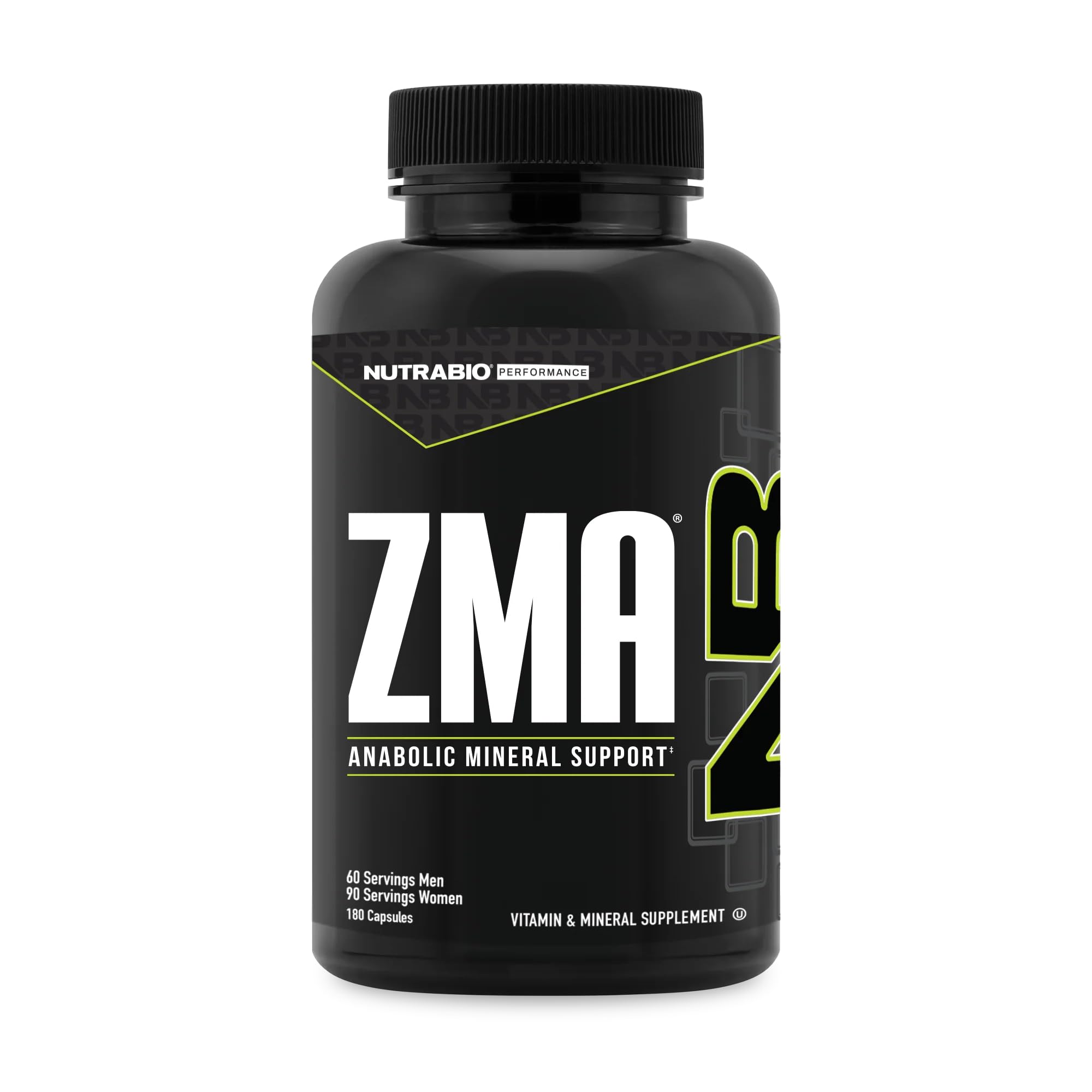 NutraBio ZMA frente del envase mostrando dosis y envase de 180 cápsulas