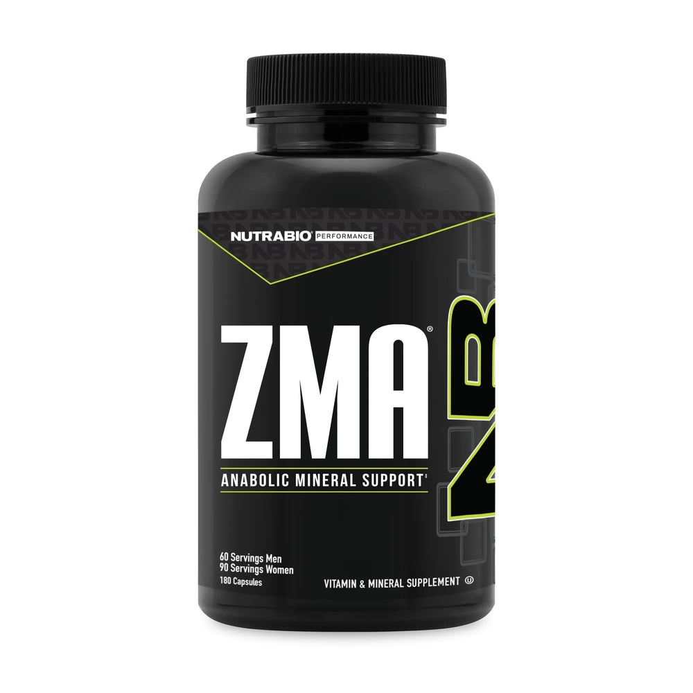 NutraBio ZMA frente del envase mostrando dosis y envase de 180 cápsulas
