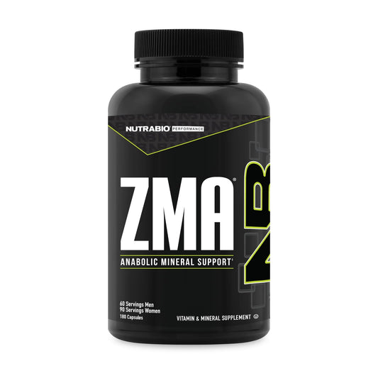 NutraBio ZMA frente del envase mostrando dosis y envase de 180 cápsulas