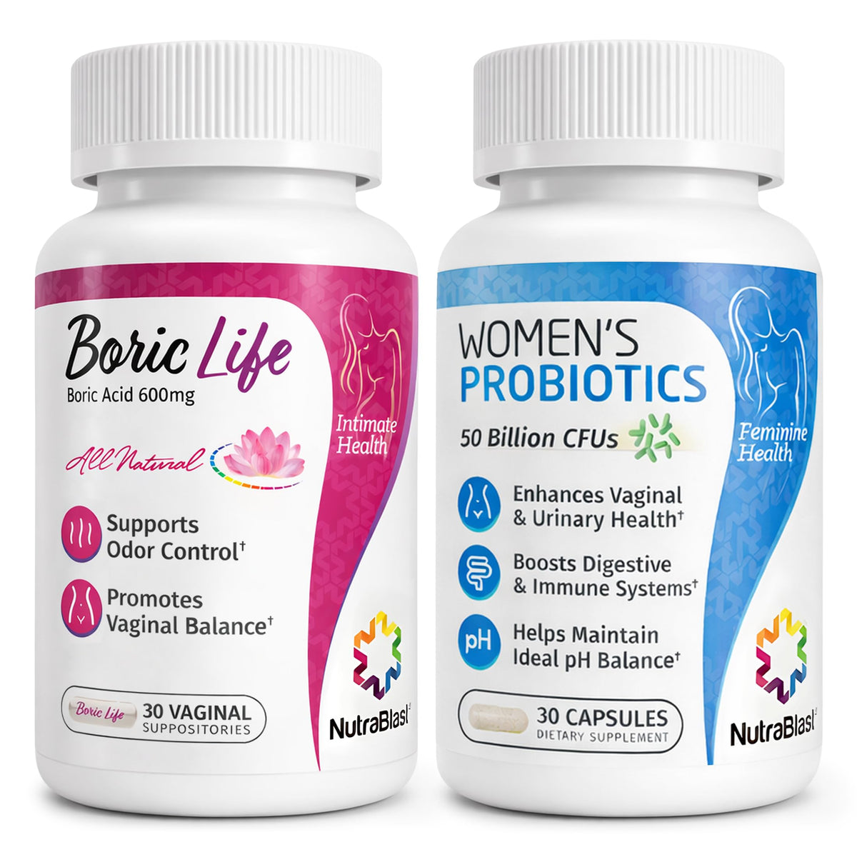 NutraBlast vista frontal del pack mostrando óvulos y probiótico beneficio equilibrio íntimo