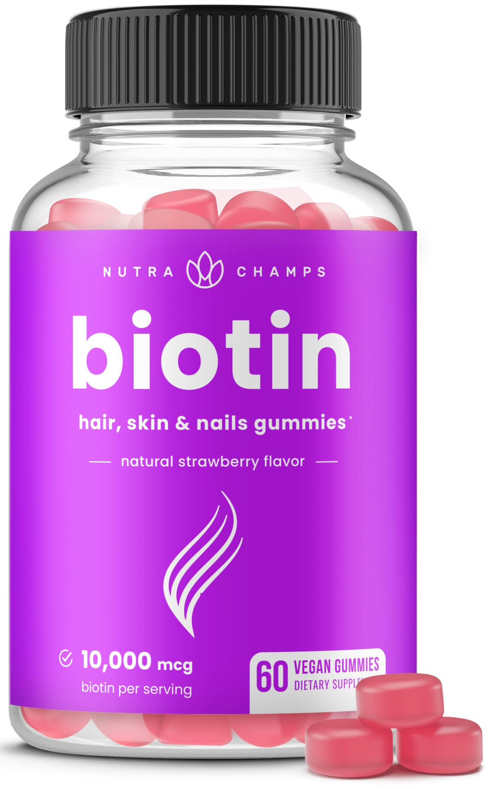 NutraChamps envase frontal de gominolas biotina, presentación clara y confianza