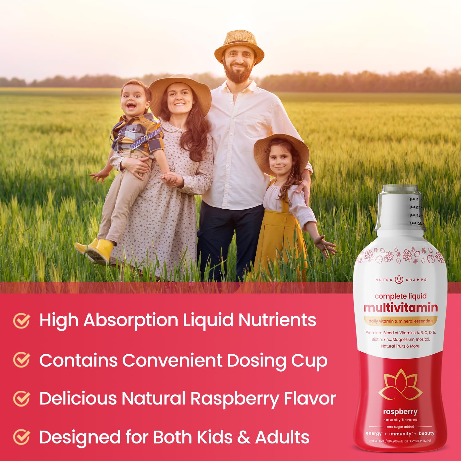 NutraChamps detalle de etiqueta con lista de 28 nutrientes