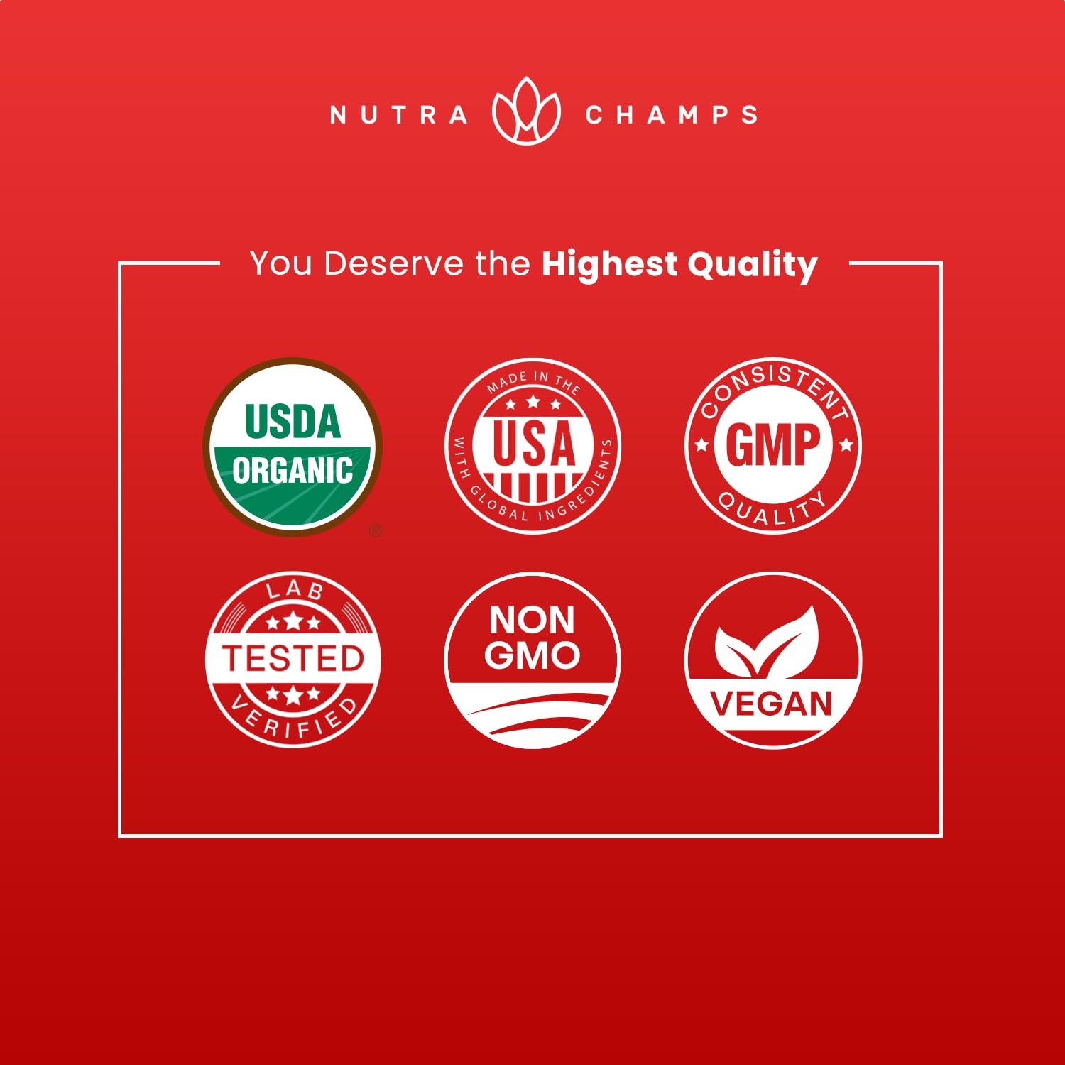 NutraChamps empaque con sello USDA Organic y certificaciones visibles