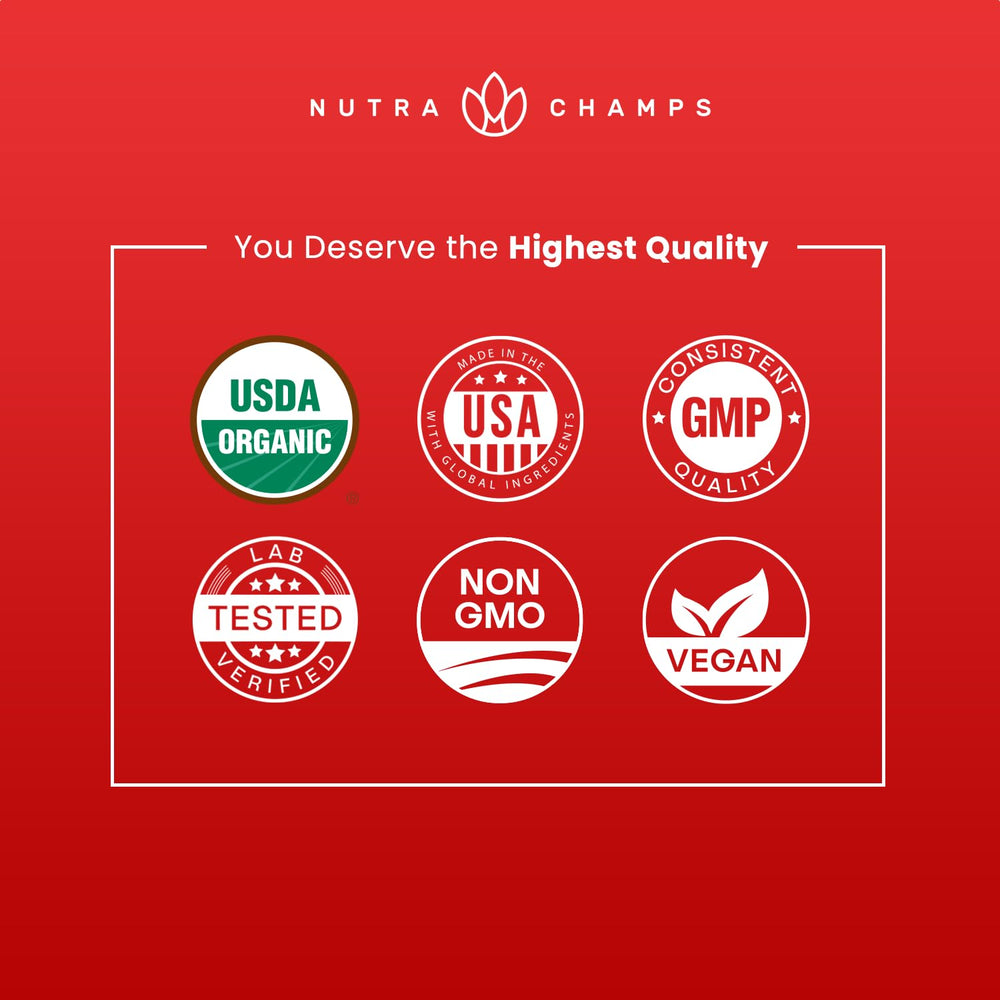 NutraChamps empaque con sello USDA Organic y certificaciones visibles