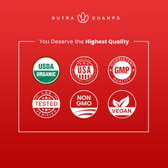 NutraChamps empaque con sello USDA Organic y certificaciones visibles