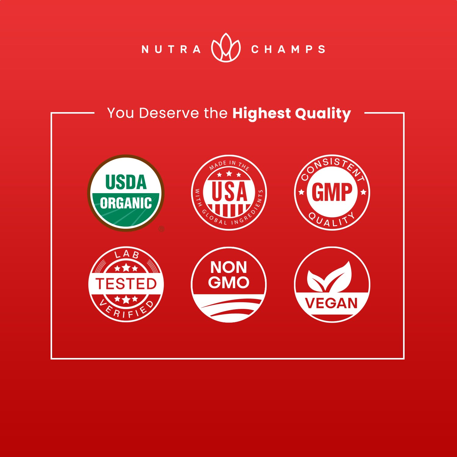NutraChamps empaque con sellos de calidad y fabricación en USA