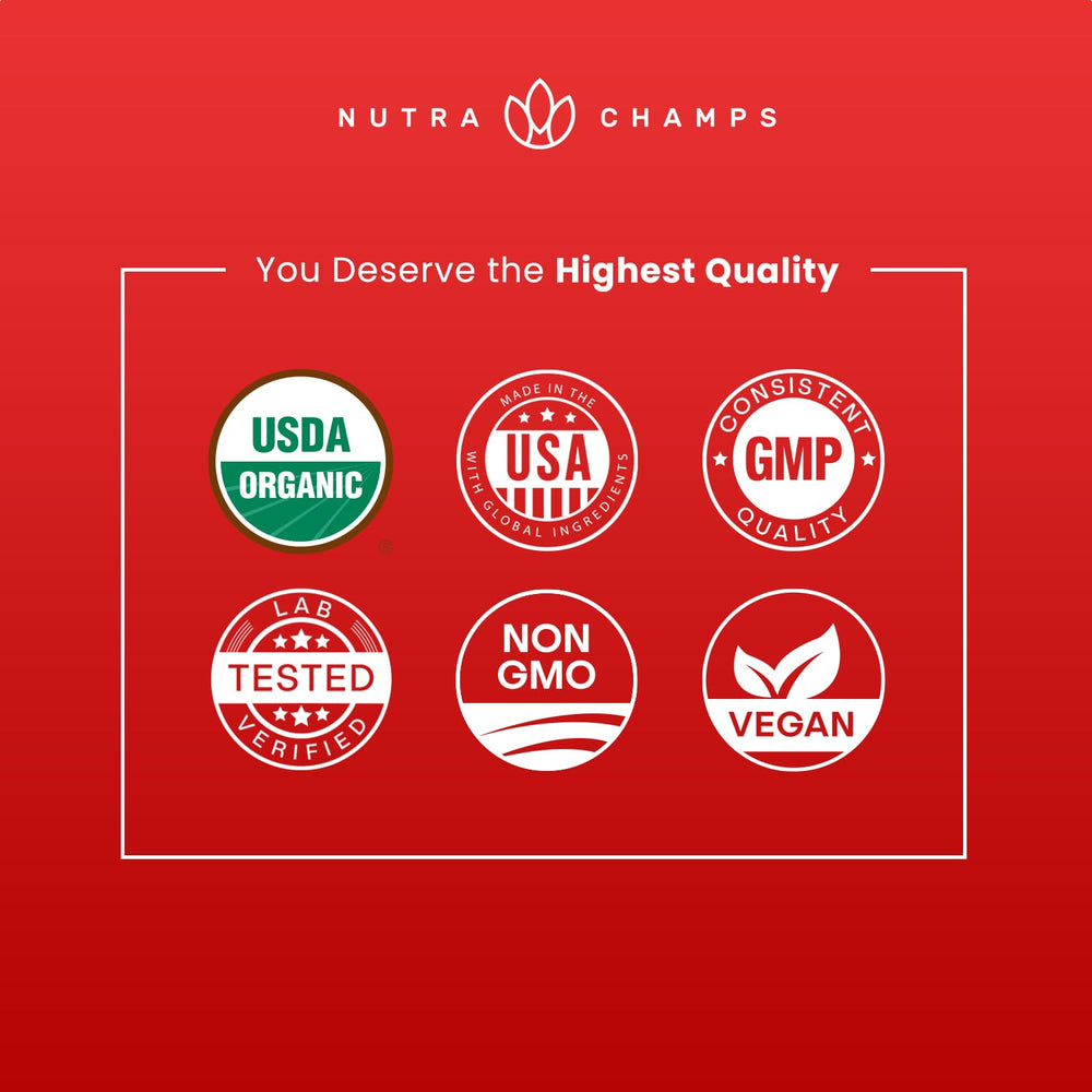 NutraChamps empaque con sellos de calidad y fabricación en USA