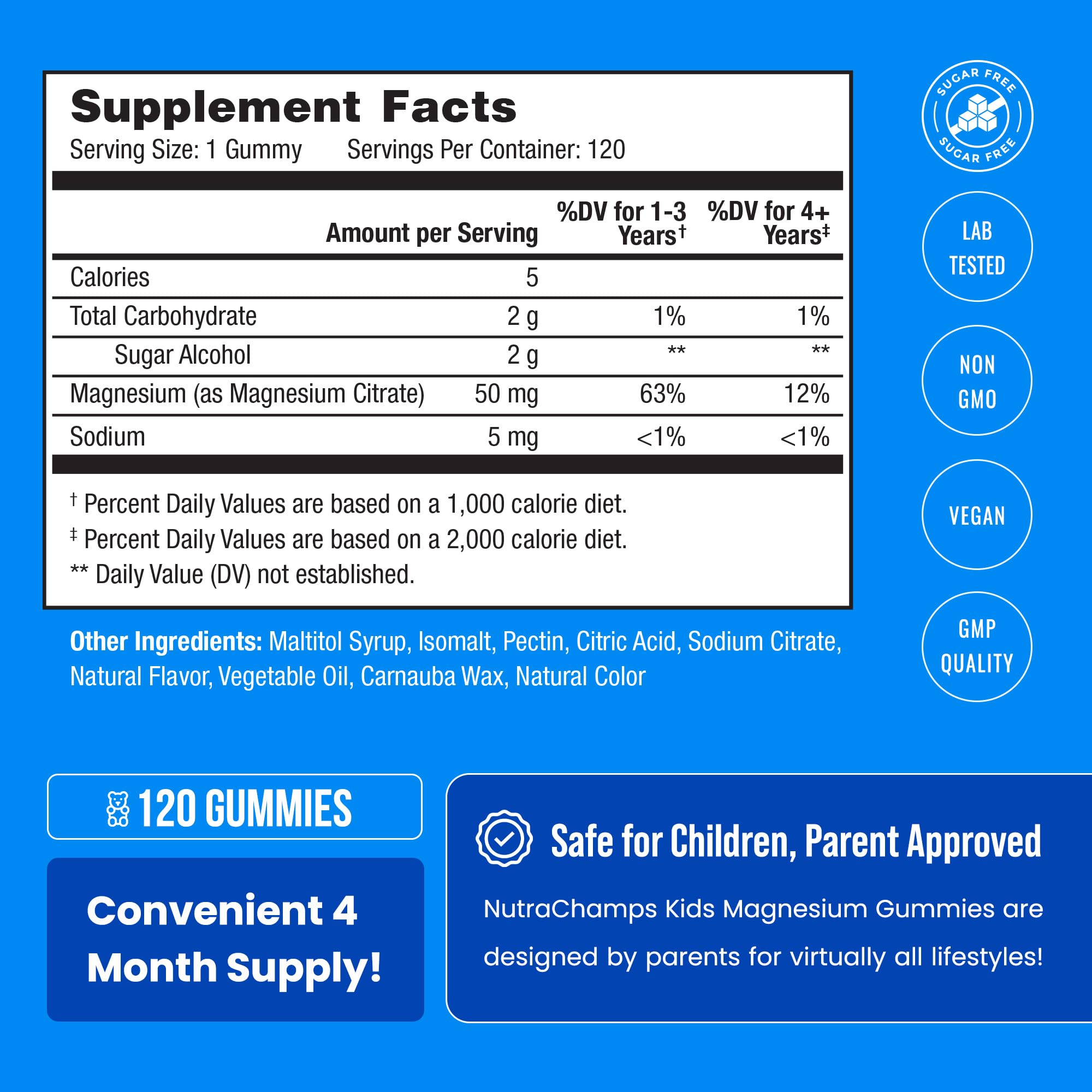 NutraChamps etiqueta con ingredientes y beneficios para pautas parentales