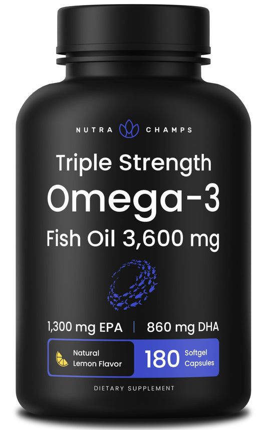 NutraChamps frasco delantero mostrando 180 softgels y lema de alta potencia