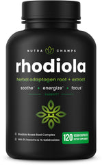 NutraChamps frasco frente con Rhodiola Rosea, apoyo de energía visible