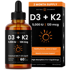 NutraChamps frasco frontal de gotas D3 K2 mostrando presentación y beneficio de absorción