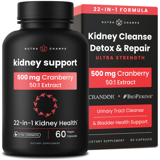 NutraChamps frente del empaque mostrando fórmula 22-en-1 y beneficio de apoyo renal