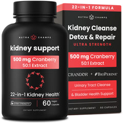 NutraChamps frente del empaque mostrando fórmula 22-en-1 y beneficio de apoyo renal