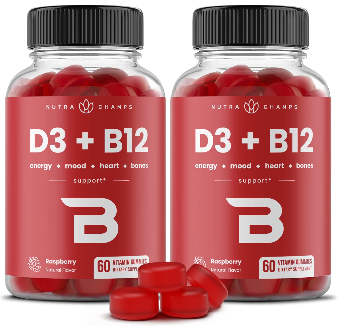 NutraChamps frente del envase mostrando beneficios y sabor frambuesa