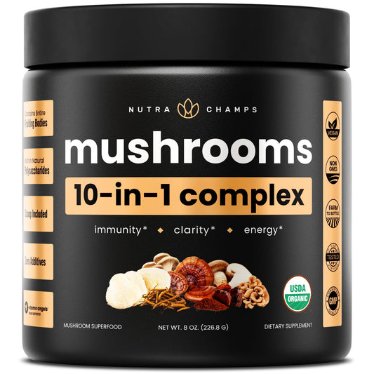 NutraChamps envase frontal mostrando la marca y el tamaño 8 oz para identificación clara