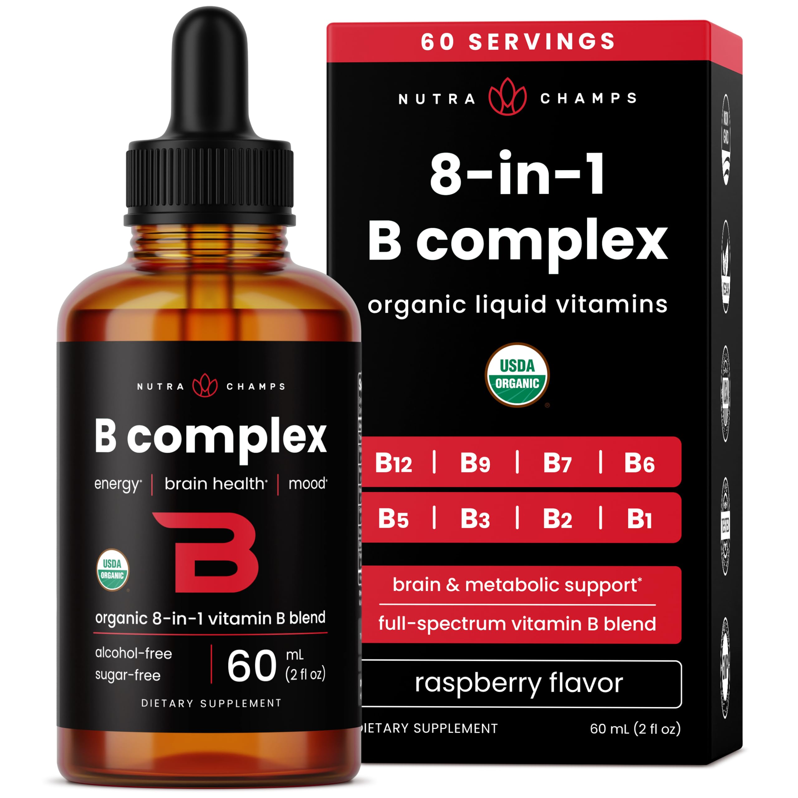 NutraChamps frasco frontal B-Complex muestra presentación y tamaño práctico
