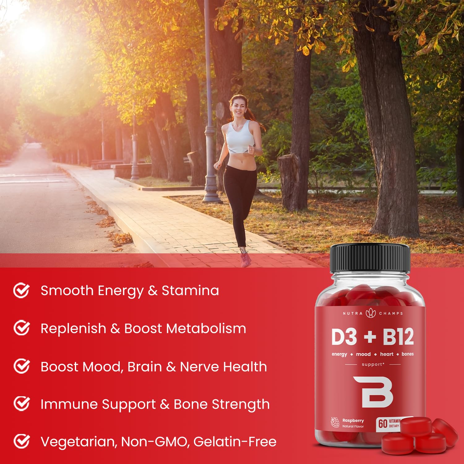 NutraChamps gominola en mano para comparar tamaño y facilidad de toma