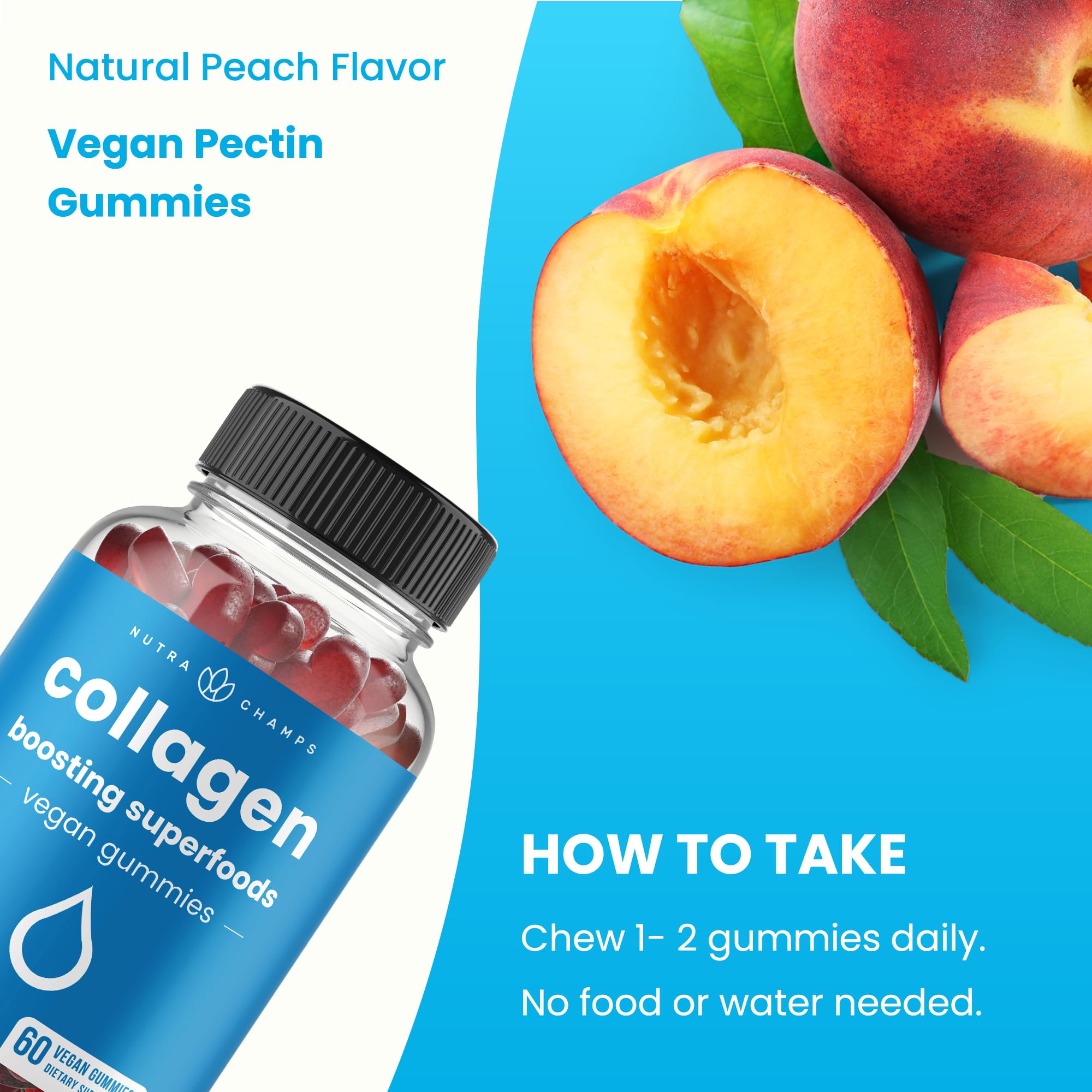 Persona masticando gomita NutraChamps, uso diario cómodo y sabor durazno agradable